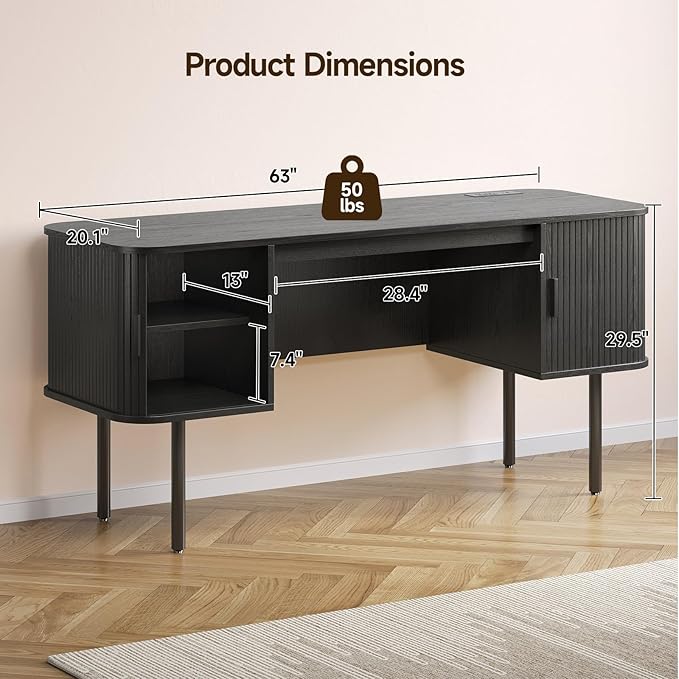 ONBRILL 63 Inch Fluted Computer Desk with Charging Station, Mid Century Executive Desk with 2 Storage Cabinets, Modern Home Office Large Desk with Metal Legs for Working, Studying, Writing, Black