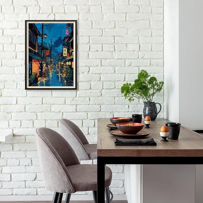 Podafu Japanese Tokyo Tea House Canvas Wall Art - Modern Ukiyo-e Decor - Black Framed - 24x16in - Landscape - Indoor - Hallway