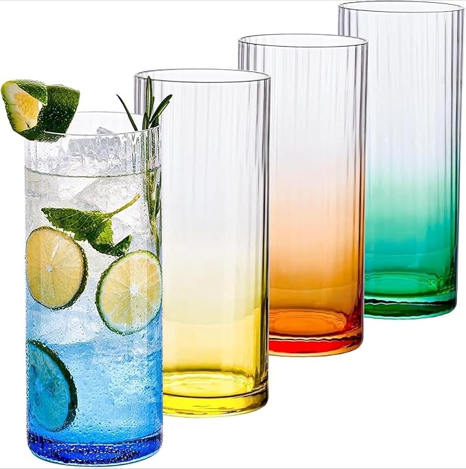 Colored Ribbed Highball Glasses Set of 4, Vintage Iced Tea Glassware, Tall Collins Glasses for Mojitos, Water, or Cocktails, Lightweight Lead-Free Crystal Drinkware (Style 2)