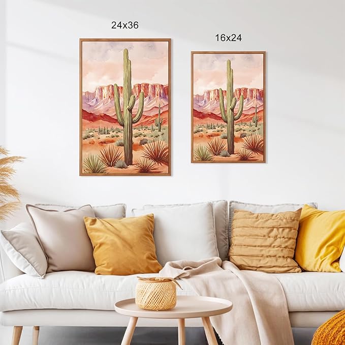 HLNIUC Boho Desert Plant Framed Canvas Wall Art Set,Southwestern Sun Mountain Wall Decor,Cactus Sunset Landscape Wall Painting,Watercolor Abstract Desert Art Prints for Living Room,Office - 24”x36”x3