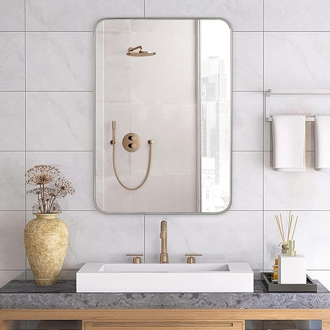 Bathroom Mirror Brushed Nickel, 30 x 42 Inch Metal Frame Rectangle Mirror Rounded Silver Modern Vanity Mirror Anti-Rust for Bathroom, Farmhouse Wall Mounted Vertically/Horizontally