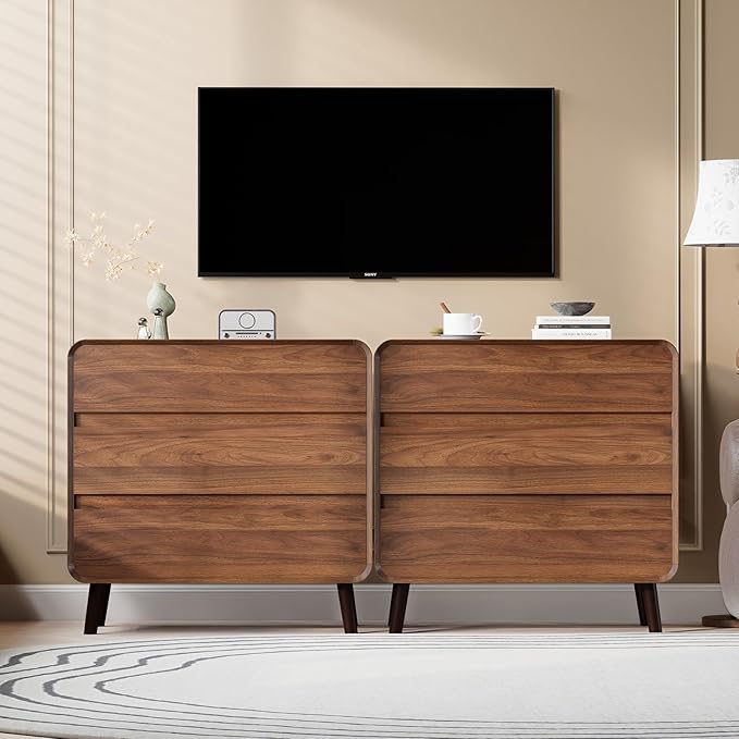 3 Drawer Dresser for Bedroom, Mid Century Modern Chests of Drawers, Curved Bedroom Dresser with Storage Drawer, Wooden Furniture for Living Room, Closet, Home Office,Walnut