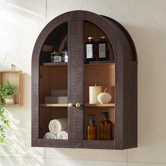 Bathroom Arched Wall Cabinet Over The Toilet Storage Cabinet, 23.5×31.4 Inch bathroom cabinet wall mount with Glass Doors & Adjustable Shelves, Wood Cabinet for Laundry Room, Bedroom Kitchen, Brown