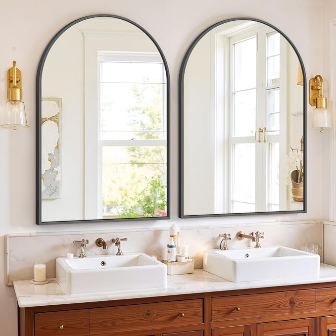 Bathroom Mirror for Wall, 36x24 Inch Arched Mirror, Matte Black Metal Framed Bathroom Vanity Mirrors for Restroom Farmhouse, Anti-Rust, Tempered Glass, Hanging or Leaning