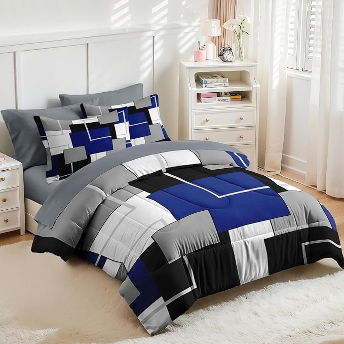 Nesker Comforter Set King Size, Blue Black Geometric 7 Pcs Bedding for Kids and Adults, Grey Abstract Modern Bed Sheet Sets with Fitted Sheet 2 Pillowcases & 2 Shams