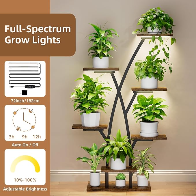EVAWOO Plant Stand With Grow Lights - 7 Tiered Corner Shelf for Multiple Plants, 42" Metal Shelves, Flower Holder Display Rack for Indoor Home Patio Balcony