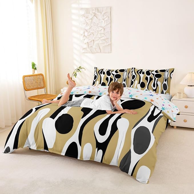 Erosebridal Organic Geometric Duvet Cover Set Modern Abstract Full Size Bedding Sets for Teen Boys Retro Mid Century Comforter Cover Modern Fluid Art Irregular Circles Bed Set,Beige Black