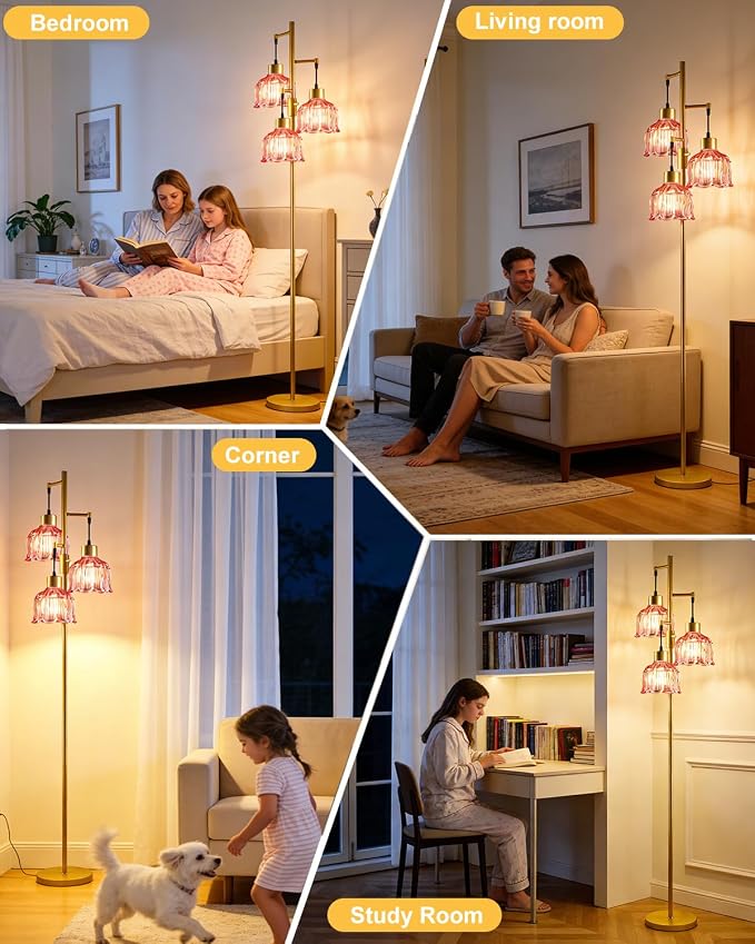 3-Light Modern Glass Floor Lamp, Gold Standing Tall Lamp with Deep Red Vertical Rib Glass Shade, Dimmable LED Floor Lamp with 5Lbs Heavy Base for Living Room Bedroom Home Decor, Bulb Included