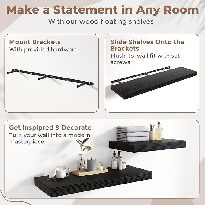 72 Inch Long Floating Shelves for Wall Set of 2, 12"D Wood Grain Bathroom Shelves with Invisible Brackets, Easy Install Engineered Wood Storage Shelves for Kitchen, Living Room, Bedroom, Black Finish