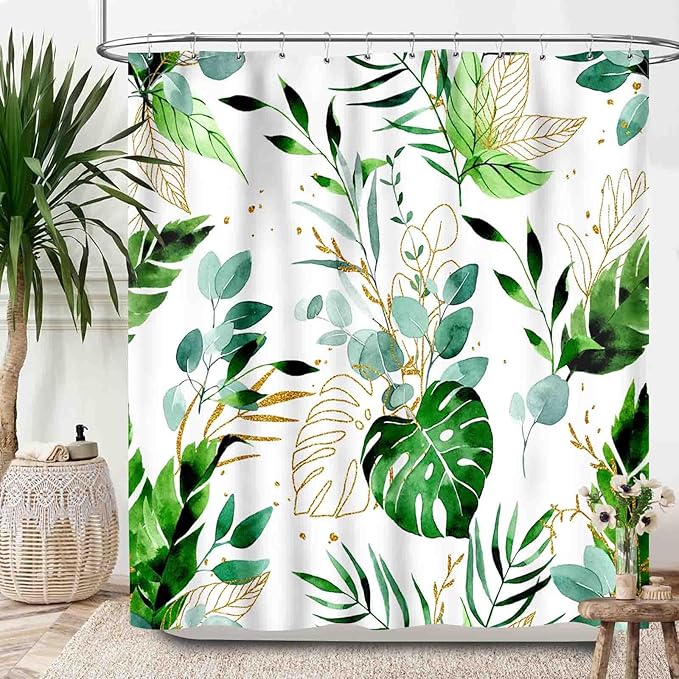 Green Leaf Shower Curtains,Abstract Boho Tropical Palms Gold Leaf Minimalist Bathroom Curtain Waterproof Fabric Machine Washable with Hooks,72x72Inch (183x183cm)