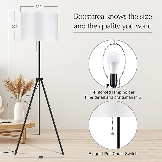 BoostArea Mid Century Standing Lamp, 59.5" Tripod Floor Lamp with White Linen Lamp Shade for Living Room, Bedroom, Study Room, Office (Bulbs Not Included)
