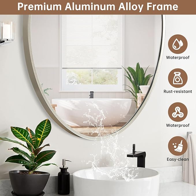 Oval Wall Mirror, 20"x28" Brushed Nickel Vanity Mirror, Bathroom Mirror of Metal Frame, Home Decorative Wall Mounted Mirror for Bathroom, Living Room, Entryway, Vanity