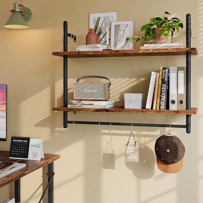 Bestier Pipe Shelf Industrial Floating Shelving 31" Kitchen Wall-Mounted Shelf with Towel Bar Hooks Coffee Bar Shelves Wine Hanging Display Rack Bookshelf Living Room Decor Bathroom-Rustic Brown