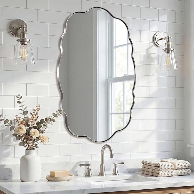 ANDY STAR Chrome Wavy Scalloped Mirror - 24x40 Inch Modern Oval Bathroom Mirror, Unique Irregular Wall Mirror with Heavy Duty SUS Metal Frame