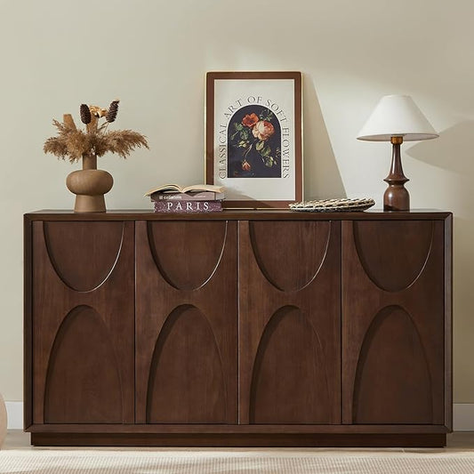 LKTART 59" Sideboard Buffet Cabinet Retro Accent Storage Cabinet with Magnetic Door Latches Adjustable Shelf for Living Room Kitchen(Walnut)