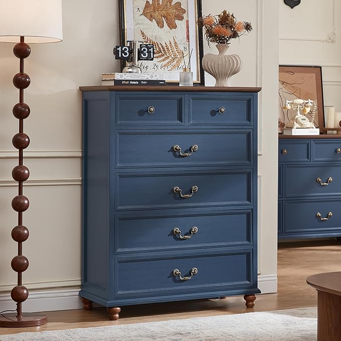 Farmhouse 6 Drawer Dresser for Bedroom, 42" Tall Rustic Chests of Drawers w/ 4 Solid Wood Feet, Mid Century Modern Wooden Closet Storage Dressers Organizer for Living Room, Hallway,Blue