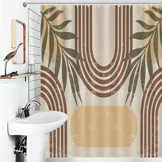 Mid Century Boho Arch Shower Curtains Abstract Geometric Modern Aesthetic Rainbow Leaves Sun Washable Waterproof Fabric for Bathroom Decor Bathtub with 12 Hooks 55x72in（140x183cm）