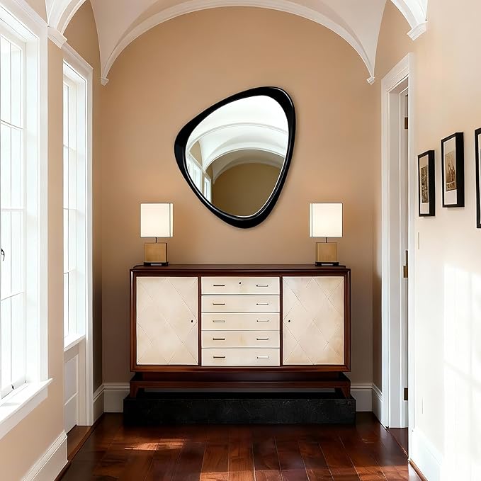 Asymmetrical Mirror, 24"x19" Unique Irregular Wall Mirror, Wood Mid Century Modern Mirror Decor for Bathroom Bedroom Living Room Entryway Hallway (Black)
