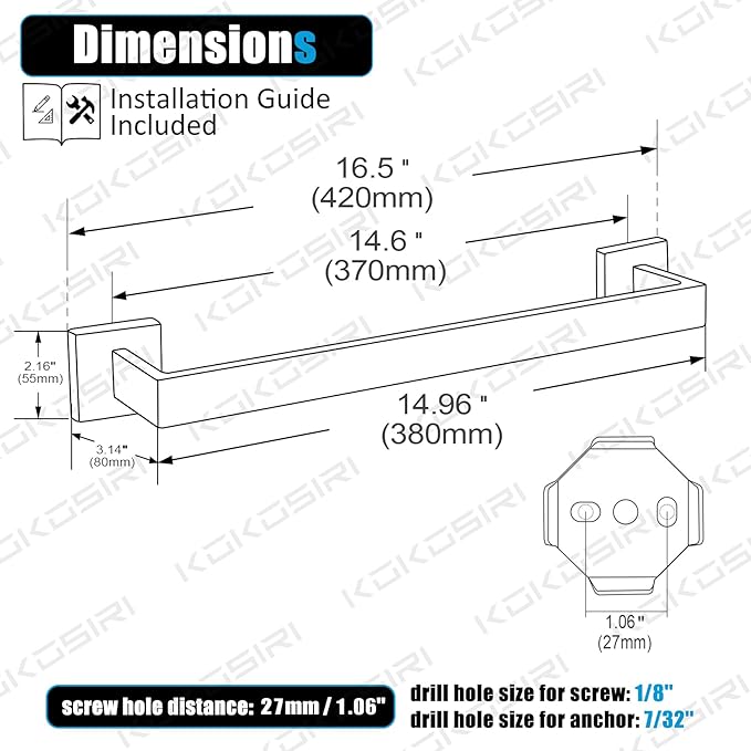 KOKOSIRI 16-Inch Single Towel Bar, Bathroom Kitchen Towel Holder, Wall Mounted SUS304 Stainless Steel Towel Rack, Matte Black, B4003BK-L16