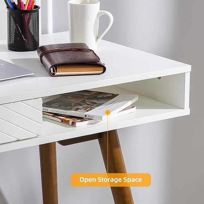 Small Office Desk, Mid Century Modern Writing Desk with Drawers, 42 Inch Wooden Computer Table for Study Room Bedroom (White+Walnut)