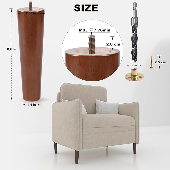 Wood Furniture Legs 8 Inch Heavy Duty Set of 4, Solid Wooden Feet for Furniture & Sofa & Tables & Ottoman - Wood Furniture Risers Replacement Couch Legs Cabinet Foot - Walnut Finish