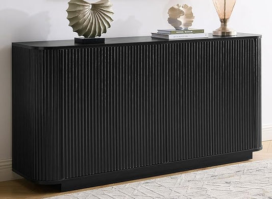 LKTART 64" Buffet Cabinet with Storage, Modern Fluted Accent Sideboard Media Console Credenza with Adjustable Shelves Pressed Spring for Kitchen Living Room,31.5" H (Black)