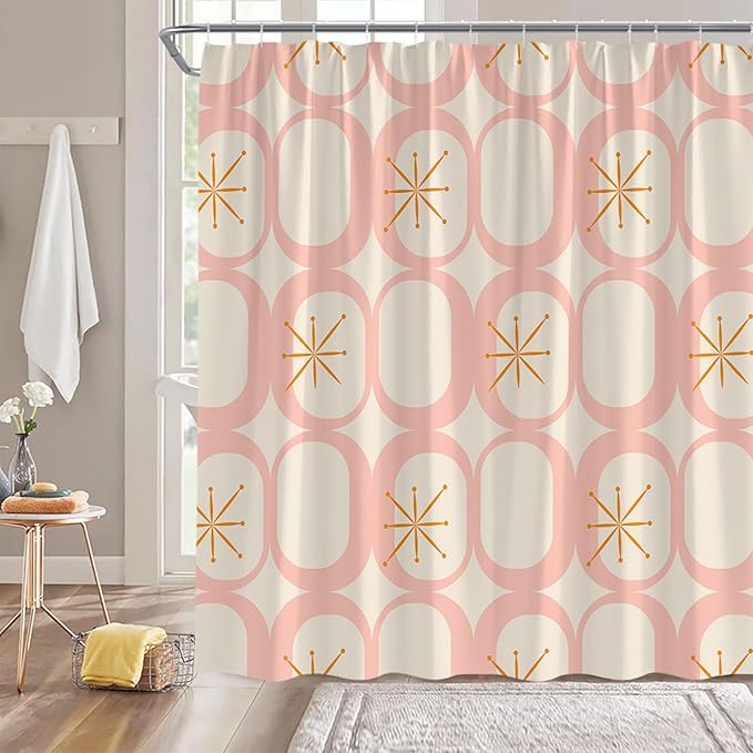 Mid Century Modern Shower Curtain Abstract Atomic Geometric Round Squares Retro 50s Pink Fabic with Hooks for Bathroom Decor,60x70 Inch