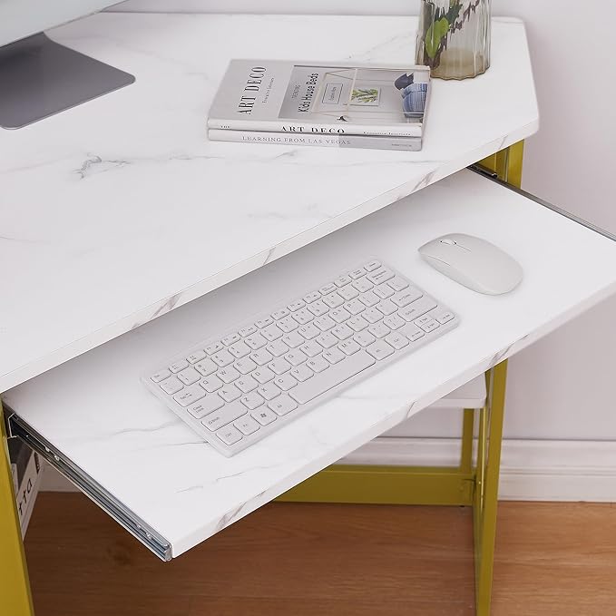 VECELO Corner Computer Desk 41 x 30 inches with Smooth Keyboard & Storage Shelves for Home Office Workstation,White & Gold