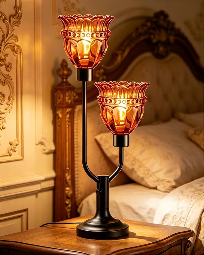 Lightdot Vintage Table Lamp Dimmable Mid Century Modern Black Desk Lamp Red Glass Nightstand Lamp 2 Bulbs Included Warmwhite Ambient Bedside Lamps for Living Room Bedroom Girls Room Home Office Decor