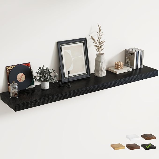 Marsmiles 12" Deep Floating Shelves for Wall with Invisible Brackets, Wall Mounted Engineered Wood Shelves with Wood Grain for Living Room, Bedroom, Kitchen Decor and Storage, 72" L Set of 1, Black