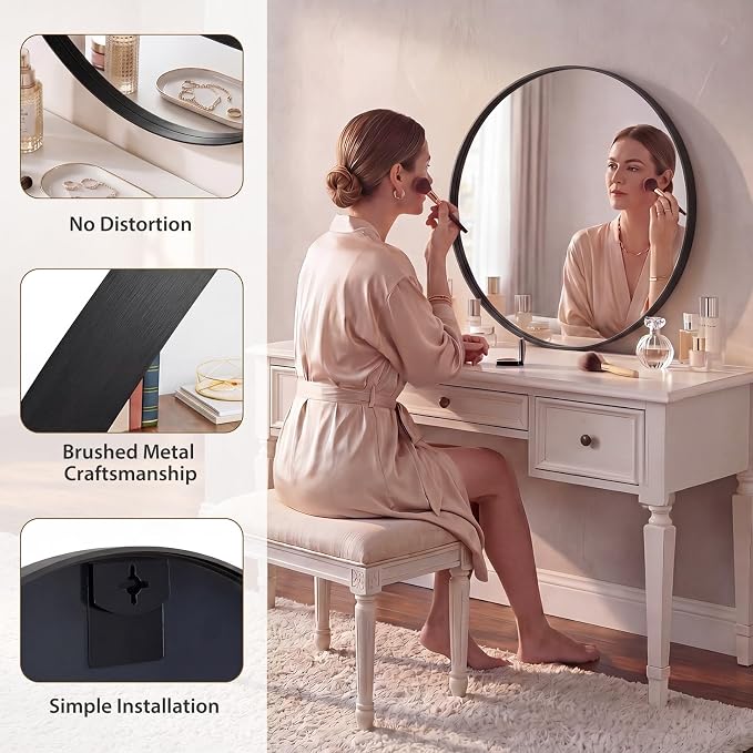 NEWBULIG 28-Inch Round Wall Mirror, Bathroom Wall Circle Mirror with Metal Frame, Bathroom Decor for Entryway, Living Room, Vanity, Black