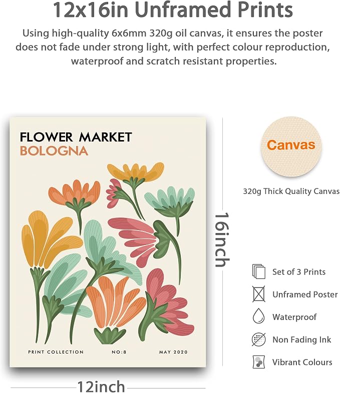 HesenDot Unframed Floral Wall Art Set of 3,12x16in Flower Market Canvas Prints, Minimalist Amsterdam Stockholm Bologna Posters for Living Room Bedroom Office Home, Unframed
