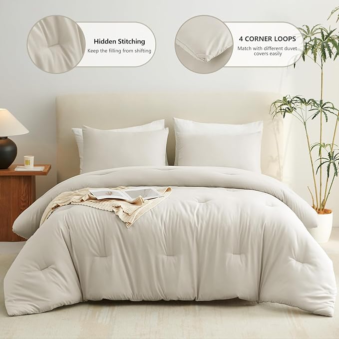 CozyLux King Size Comforter Set Beige, 3 Pieces Lightweight Down Alternative Quilted Bedding Sets, Gray All Season Soft Breathable Solid Comforter with 2 Pillowcases, Luxury Bed Set Gift for Home