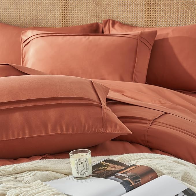 Yogeneg Twin Comforter Set 5 Piece Bed in a Bag,Grid Pinch Pleat Terracotta Bedding Set,Striped Textured Soft Microfiber Comforter with Sheet Set,All Season Complete Bed Set(Terracotta,Twin)