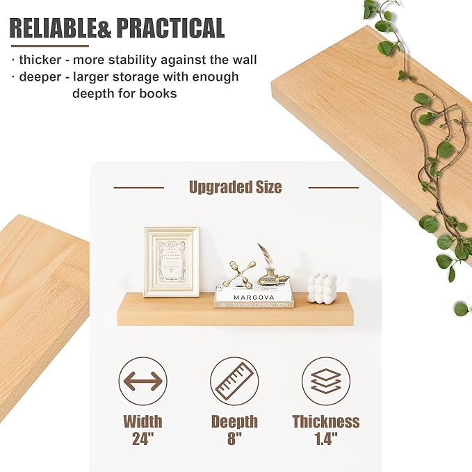 Floating Shelves for Wall, USA-Sourced Beech Wood 24 Inch Wall Shelves Set of 2, Natural Wooden Mounted Picture Ledge Shelf, Nursery Book Storage Shelf Kids Bookshelf Display, Shelf for Bathroom