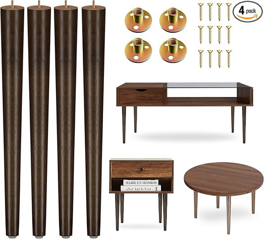 Yes4All Round Brown Wood Table Legs 16 Inches - Mid Century Replacement Feet for Coffee Table, End Table - Stable Rubber Wood Parts for Nightstand with Glides, Walnut, Set of 4