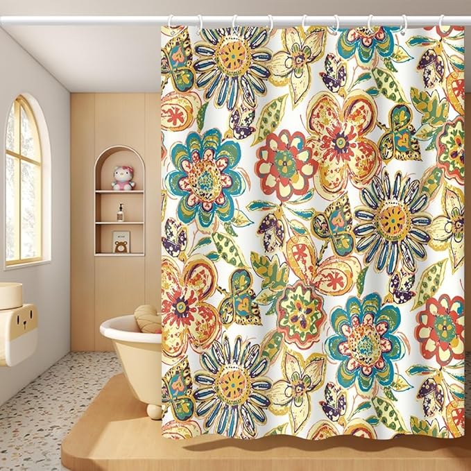 Boho Floral Bathroom Shower Curtain Retro Funky Bohemian Flower Colorful Waterproof Durable Fabric Artistic Home Decor Shower Curtain with Hooks, 69x70 Inch