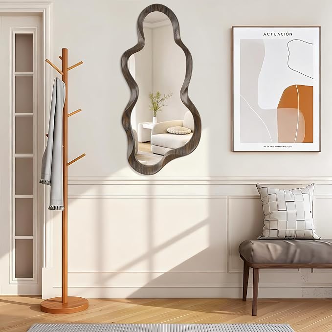 Asymmetrical Mirror Modern Wood Frame Unique Artistic Large Irregular Wall Mirrors Cute and Stylish Cloud Wavy Mirror Decorative for Cloakroom Bedroom Living Room Bathroom Entryway 30"x14"
