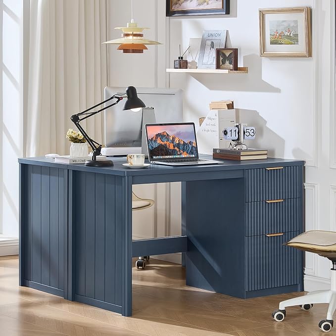 LEYAOYAO Office Desk 48" with 3 Drawers Storage File Cabinet Wood Fluted Desk for Computer Office Bedroom Home Furniture Blue