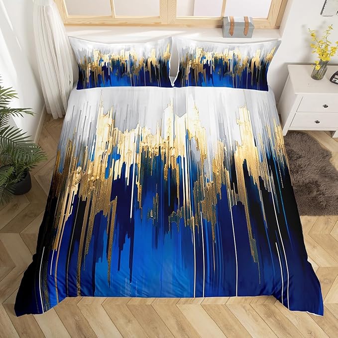 Erosebridal Abstract Art Duvet Cover Full Navy Gold Grey Bedding Set, Stripe Comforter Cover Golden Metallic Sequins Bed Set, Dark Blue Tie Dye Bedding Luxurious Modern Bedroom Decor