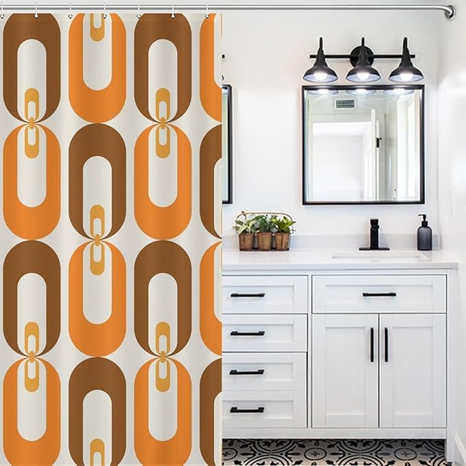 Mid Century 70s Pattern Shower Curtains Vintage Geometric Orange Thermal Insulated Washable Waterproof Fabric for Bathroom Decor Bathtub with 12 Hooks 55x72in（140x183cm）