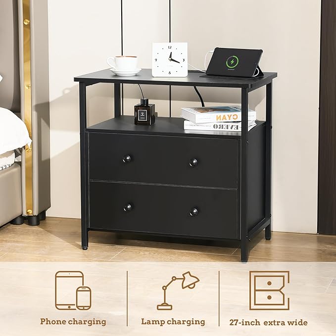 27 inch Wide Night Stand Set 2 with Charging Station, Bedside Table with Open Shelf, 2 Drawers Small Wood Dresser, Modern Wood Nightstand for Bedroom/Living Room (Black)