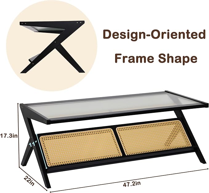 Bamboo Coffee Table, Accent Rattan Coffee Table with Glass Top, Mid-Century Wooden Center Tables, Modern Sofa Side Tea Tables with Storage for Living Room, Black
