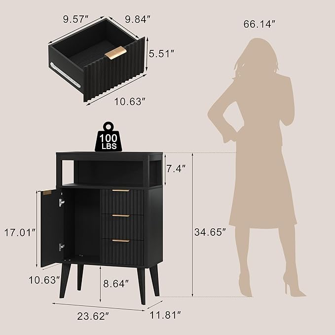 Black Bathroom Floor Cabinet with 3 Fluted Drawers & Door, Modern Storage Sideboard with Open Shelf, Coffee Bar Station for Living Room, Entryway, 23.6 x 11.8 x 34.6 Inches