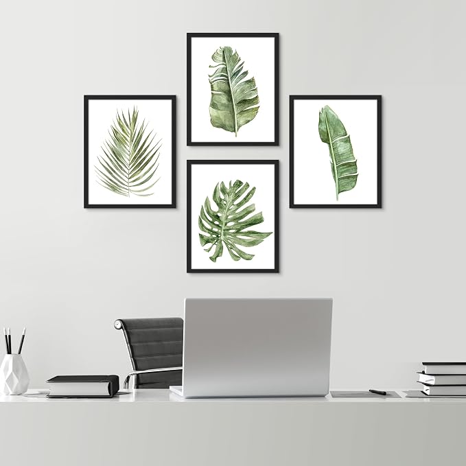 SIGNWIN Framed Banana Palm Monstera Leaf Wall Art, Set of 4 Green Pastel Wall Decor Prints, Nature Wilderness Wall D¨¦cor for Living Room, Bedroom - 12"x16" Black