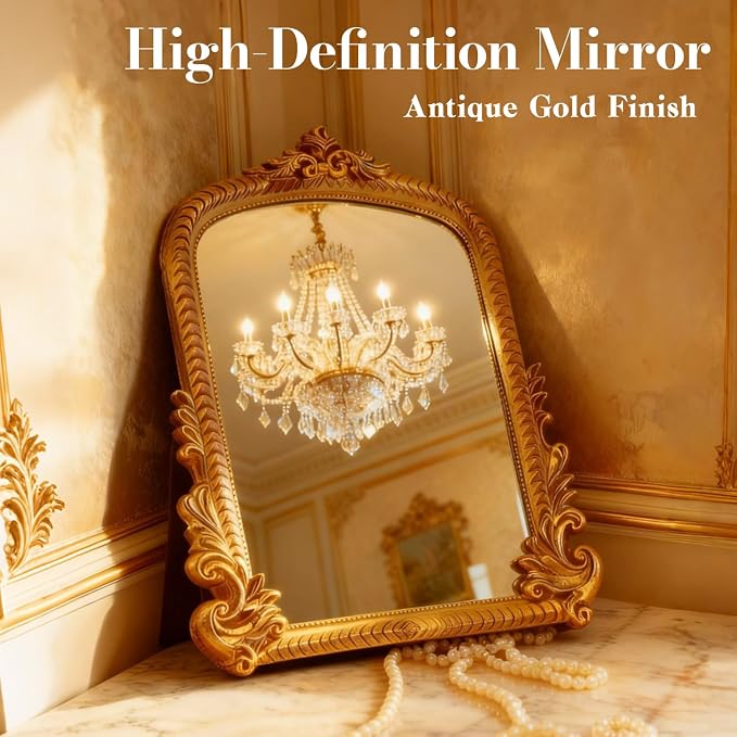 YUSONG Vintage Desk Mirror – 12" Gold Antique Tabletop Mirror with Resin Frame, Decorative Wall Art for Living Room Bedroom Vanity Desk Decor, Birthday Gift