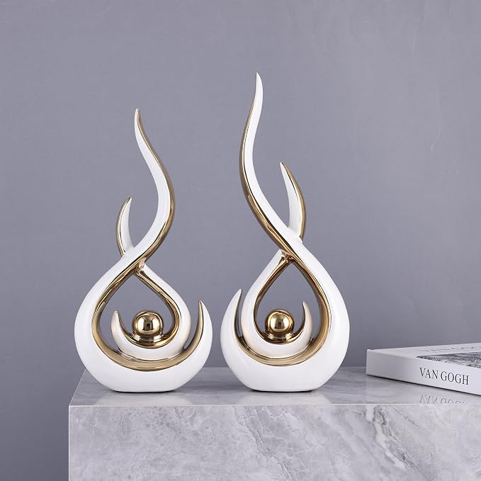 2PCS Abstract Art Ceramic Sculptures, Modern Decor Figurines for Living Room Decorative Objects, Sculptures Home Decor Set for Table, TV Stand, Entryway, Bookshelf Display (White Gold)