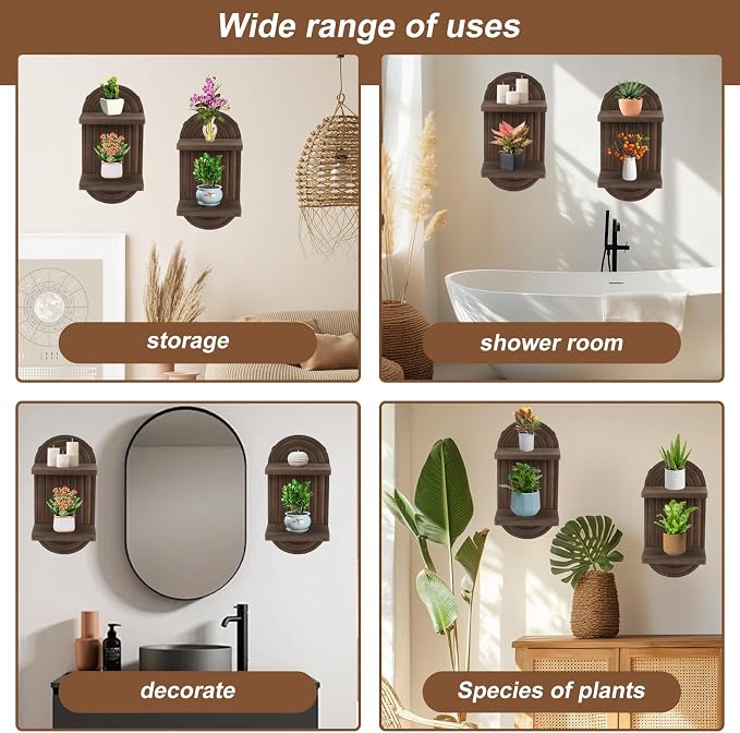 Qivine Boho Wall Shelf 2 Pcs 2 Tier Shelves for Room Wall Wood Floating Shelf with Arched Wood Design Wall Mounted for Living Room, Bedroom, Bathroom Decor (Brown, 2-Tier)