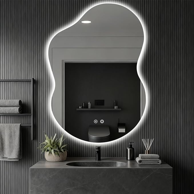 Asymmetrical Lighted Mirror for Bathroom,Modern LED Vanity Mirror with Backlit,Fog-Free,Tri-Color Dimmable Lighting with Memory Function,Hardwire Ready [Horizontal/Vertical] 40" H x 30" W