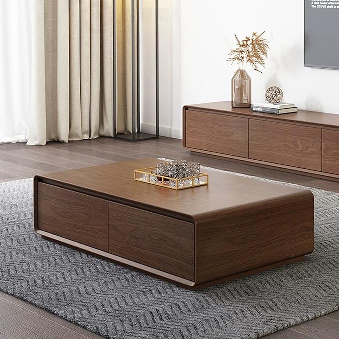 Luxury Walnut Wood Square Coffee Table with Large Hidden Storage, Expandable Tabletop Center Table for Living Room, Modern Accent Table with Drawers (Walnut Coffee Table)